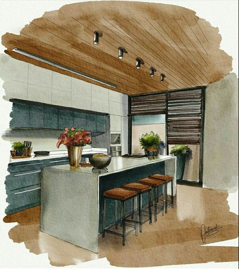 Interior Design Sketches Kitchen, Interior Architecture Sketch, Interior Design Portfolio Layout, Interior Design Sketchbook, Kitchen Drawing, Furniture Design Sketches, Interior Design Student, Interior Design Renderings, Drawing Interior