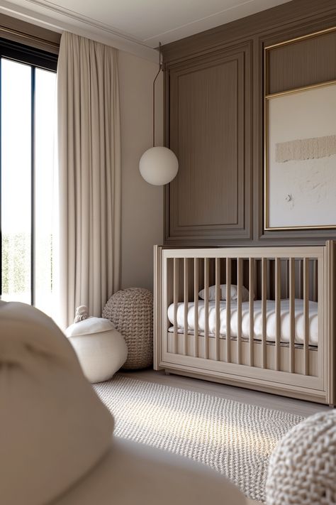 Create a cozy and modern nursery with neutral tones and soft textures for your little one's dream space. #NurseryDesign #CozyHome #ModernDécor #InteriorInspo Neutral Modern Nursery Ideas, Nursery One Bedroom Apartment, High End Nursery Design, Oval Cot Nursery, Large Nursery Ideas, Baby Room With Guest Bed, Kardashian Nursery, Neutral Baby Nursery Ideas, Rh Nursery