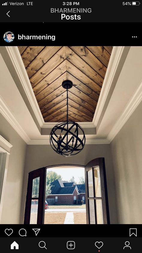 Country Living Room Lighting Ideas, Entry Tray Ceiling, Foyer Ceiling Ideas Entryway, Wood Ceiling Foyer Entrance, Entryway Ceiling Ideas Foyers, Kitchen Fluorescent Light Box Makeover, Tall Ceiling Hallway Ideas, Black Ceiling Foyer Entryway, House Update Ideas