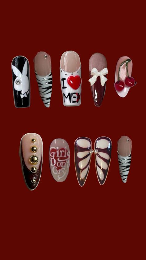 3d nails red black and white Black White Nails, Y2k Nails, Classy Acrylic Nails, Really Cute Nails, Pretty Gel Nails, Nails Red, Pretty Nail Art, Acrylic Nails Coffin, Fire Nails