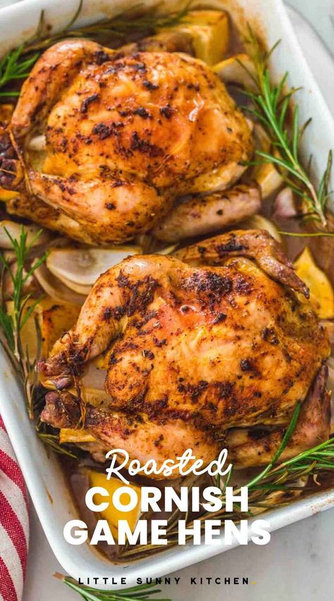 Cornish Hens are easy to roast and stunning to serve! Homemade dry rub takes this show-stopping recipe from great to amazing for holiday dinners. Baked Cornish Hens, Cooking Cornish Hens, Pan Potatoes, Cornish Game Hen Recipes, Roasted Cornish Hen, Keto Easter, Cornish Game Hens, Cornish Hen Recipe, Dinner Meat