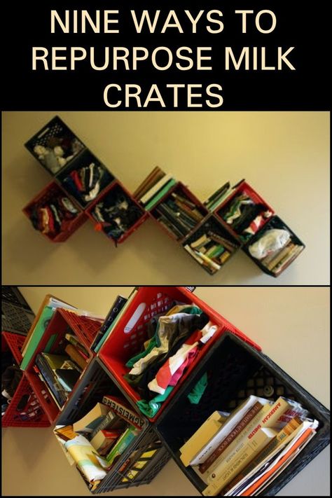 More than just containers for produce! Have you ever thought of re-purposing milk crates to organize and decorate your home? I haven't, until I saw these interesting ideas... What do you think of these ideas? Did we miss anything? Using Milk Crates For Storage, Milk Crate Chairs, Milk Crate Shelves, Milk Crates Diy, Milk Crate Furniture, Milk Crate Storage, Plastic Milk Crates, Crate Shelves Diy, Top Of Dresser