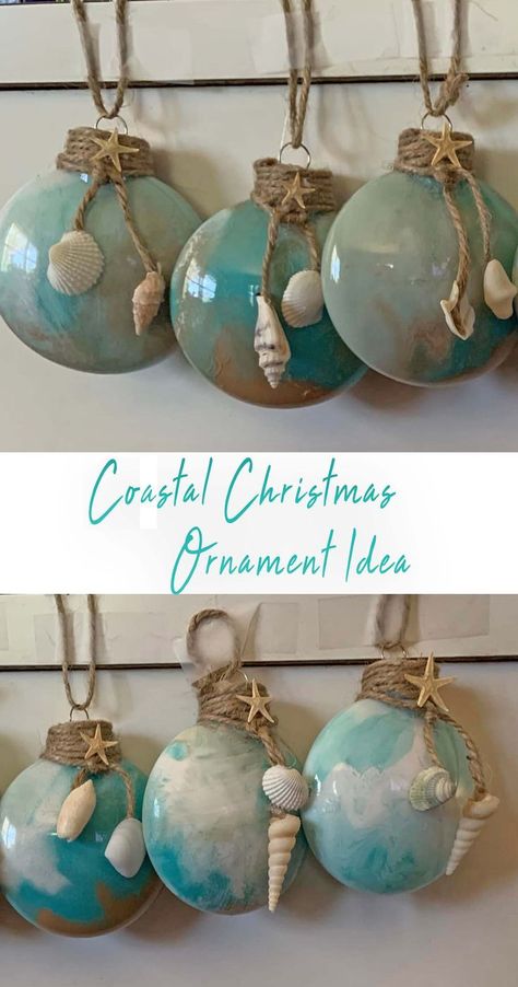 Christmas Beach Tree Ideas, Beach Theme Ornaments Diy, Diy Mermaid Ornament Ideas, Sea Shell Snowman, Ornaments With Shells, Beach Christmas Trees Decorations, Ocean Ornaments Diy, Diy Ocean Ornaments, Diy Beachy Christmas Ornaments