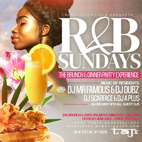 Taj NYC Sunday Funday Hip Hop vs. Reggae® Brunch & Day Party Sunday 2021 RSVP 3475920300 Taj NYC, Taj Lounge Brunch & Day Party located at 48 W 21st between 5th & 6th Avenue. Doors open @ 1pm-11pm Brunch Specials: $45 Prix Fixe Brunch Menu w/ 2 Hour Bottomless Mimosas & Bellinis! $10 Frozen Cockstails Drink Specials. Flavored Hookah is available All Day & Night. Brunch Day Party, Bottomless Mimosas, Bottomless Brunch, Brunch Menu, Drink Specials, Brunch Party, Day Party, Day Night, Sunday Funday