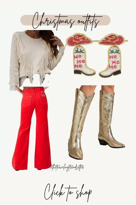 Christmas Outfit Ideas for Women Christmas Outfit With Red Pants, Christmas Western Outfits Women, Christmas Hoedown Outfit, Ho Ho Hoedown Christmas Party, Country Christmas Party Outfit, Cowboy Christmas Outfits For Women, Cowboy Christmas Party Outfit, Western Holiday Party Outfit, Country Christmas Outfits Women