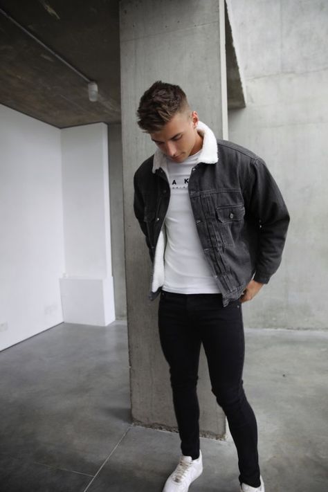 Grey Jacket Outfit Men, Grey Denim Outfit, Black Jean Jacket Outfit, Grey Jacket Outfit, Faux Fur Jacket Outfit, Jean Jacket Outfits Men, Denim Jacket Men Outfit, Black Denim Jacket Outfit, Black Tshirt Outfit