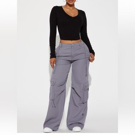 Fashion Nova Charcoal Gray Colored Cargo Pants With Wide Leg High Rise High Waisted Button Zipper Closure Zipper Detail Cargo Pockets Hand Pockets Non-Stretch Size Large New With Tags 100% Polyester Waist 32” Length 43” Inseam 31” Colored Cargo Pants, Tropical Pants, Fashion Nova Plus Size, 70 Fashion, Khaki Cargo Pants, High Waisted Dress Pants, Side Pants, Cargo Pants Outfit, Time To Leave