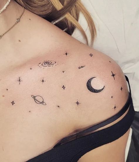 shoulder tattoo ideas for women - Google Search Unique Balance Tattoos, Tattoo Ideas Female Upper Chest, Planet Shoulder Tattoo, Celestial Sleeve Tattoos For Women, Shoulder Space Tattoo, Body Art Tattoos Female Small, Shoulder Tattoos For Women Stars, Space Thigh Tattoo, Chest Tattoo Female Upper Shoulder