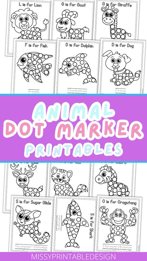 Free Animal Dot Marker Printables - MissyPrintableDesign Dot Marker Activities Free Printables, Free Dot Marker Printables, Fish Dot Painting, Preschool Dot Marker Printables Free, Animal Dot Painting, Dot Coloring Pages Free Printable, Do A Dot Printables Free, Dot Marker Printables Free, Dot Markers Art