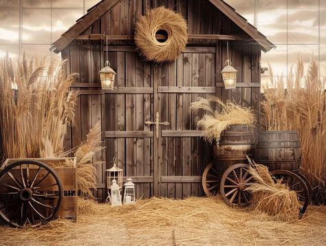 Cowboy Theme Backdrop, Rodeo Party Decorations, Puppy Calendar, Decor For Photography, Western House, Barn Backdrop, Photo Studio Design, Photography Studio Decor, Tall Grasses