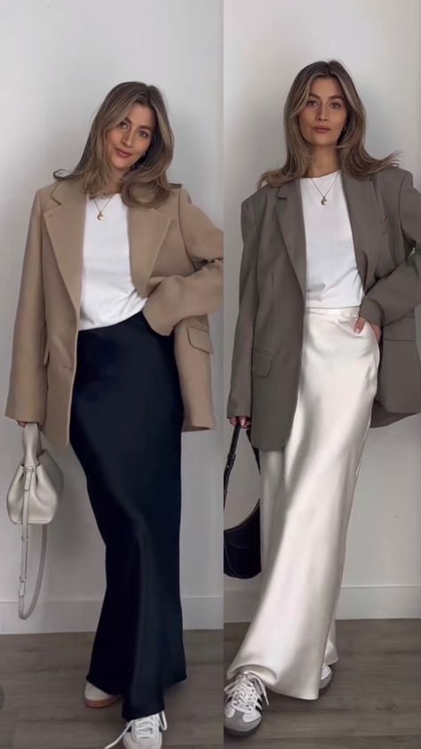 Chic Silk Skirt For Fall, Chic Satin Skirt For Fall, Silk Midi Skirt For Fall, Fall Silk Midi Skirt, Elegant Beige Asymmetrical Skirt, Silk Skirt For Fall, Spring Pencil Skirt Suit, Spring Beige Satin Skirt, Chic Beige Skirt Suit