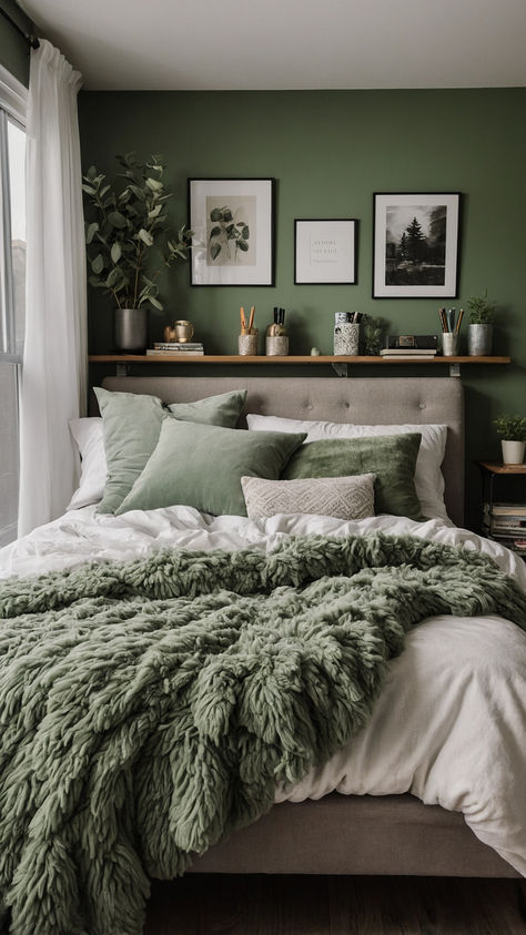 Cozy Sage Green Dorm Room Ideas for College Living - Shark Printables Sage Green Bedroom Walls Aesthetic, Succulent Bedroom Ideas, Dark Sage Bedroom Ideas, Brown And Green Room Bedrooms, Serene Room Ideas, Cozy Sage Green Living Room, Dark Green Rooms Aesthetic, Sage And Grey Bedroom Ideas, Cozy Home Interior Bedroom