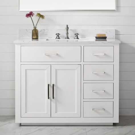 Sand & Stable Ingalls 42" Single Bathroom Vanity Set & Reviews | Wayfair Mid Century Bathroom Vanity, Hidden Shelf, Ocean Shore, Ceramic Undermount Sink, Mid Century Bathroom, Marble Vanity Tops, Transitional Bathroom Vanities, Marble Surface, Bathroom Vanities For Sale