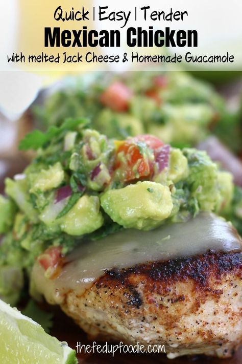 This quick and easy dry rubbed Mexican Chicken recipe is topped with melted cheese and the best ever homemade guacamole. Such an incredibly flavorful and healthy meal! #GuacamoleChickenRecipe #ChickenGuacamole #MexicanChickenBreasts #PanSearedChickenGuacamole #ChickenAvocadoRecipe #EasyChickenGuacamole #MexicanDryRubbedChickenRecipe #HealthyChickenBreastRecipe Mexican Chicken Breast Recipes, Mexican Chicken Breast, Avocado Chicken Recipes, Easy Mexican Chicken, Guacamole Chicken, Top Dinner Recipes, Cooking From Scratch, Eat Meals, Latin Recipes