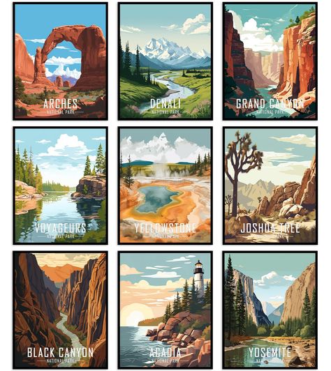 PRICES MAY VARY. QUALITY PRINTS: National park poster set is printed on 100% new and premium quality 350gsm glossy paper with surface coated for a durable,waterproof ,cleanable. It is printed in a high-tech digital printing machine which makes our prints fade-resistant.The inks used in production are 100% nature friendly. National park poster set can be used in all living spaces with peace of mind. READY TO FRAME: Please note that these national park wall art set of 9 do not come with frames. Pl National Park Nursery, Travel Room Decor, Vintage National Park Posters, Vintage National Park, National Park Art, Digital Printing Machine, Nature Collage, Travel Wall Decor, Horse Posters