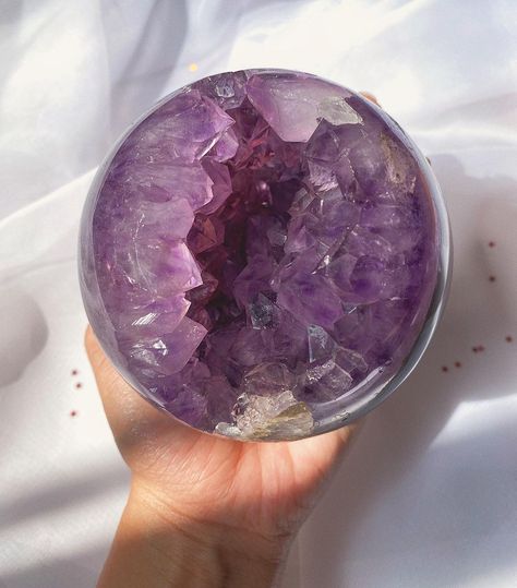 Bad Witch Crystals on Instagram: “🔮Amethyst Geode Sphere🔮 . . One of the first crystals that captivated me when I began my collection! These spheres are put on the…” Crystal Geode Aesthetic, Amythest Aesthetic Crystal, Amethyst Aesthetic, Amathus Crystal Aesthetic, Amethyst Geode Aesthetic, Witch Crystals, Luxury Amethyst Geodes Gift, Bad Witch, Crystal Aesthetic