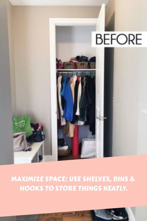 (paid link) How do you organize a small closet with a lot of stuff? Coat Closet Design, Organizing Bedrooms, Aliexpress Makeup, Coat Closet Storage, Hall Closet Organization, Closet Storage Solutions, Coat Closet Ideas, Small Coat Closet, Front Hall Closet