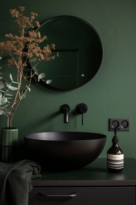 dark moody green bathroom ideas dark green bathroom remodel ideas dark green bathroom ideas subway tile dark green bathroom ideas with wallpaper dark green and black bathroom ideas dark green bathroom wall ideas dark green bathroom cabinet ideas dark green bathroom fixtures ideas bathroom painting ideas dark green dark green bathroom renovation ideas Dark Green Guest Bathroom, Dark Green Aesthetic Bathroom, Dark Green Cabinets Bathroom, Green Paint For Bathroom, Dark Wall Bathroom, Dark Paint Bathroom, Green Restroom, Bathroom Ideas Dark Green, Moody Green Bathroom