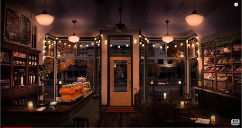 Love this whole vibe. Particularly dark wood, lighting, and shelf on right wall Fall Coffee Shop, Coffee Shop Ambience, Jazz Cafe, Bookstore Cafe, Cozy Coffee Shop, Coffee Music, Rain Sounds, Coffee Shop Aesthetic, Coffee Shops Interior