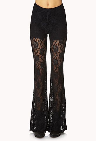 I like these pants but idk when or where I would wear them Lace Bell Bottoms, Lace Pants, Stage Outfits, Too Long, Black Label, Sheer Lace, Shop Dresses, Bell Bottoms, Not Available