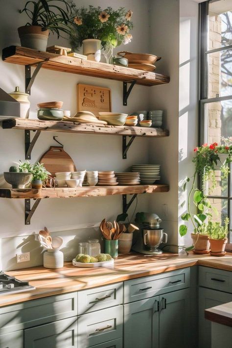 Sage Green Cabinets, Green Kitchen Cabinet, Beautiful Kitchenware, Sage Green Kitchen, Soft Sage Green, Wooden Floating Shelves, Green Cabinets, Green Kitchen, Rustic Kitchen