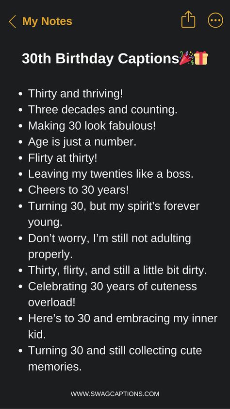 Thirty, flirty, and thriving! Celebrate this major milestone with these clever, witty, and fun 30th birthday captions for Instagram. We've rounded up sassy quotes about embracing your thirties, hilarious one-liners poking fun at getting older, and inspiring words to kick off this new decade. Level up your caption game and make your 30th birthday posts memorable, relatable, and on-point for the 'gram! 30 Birthday Quotes Turning 30, 30 Birthday Captions, Turning 30 Birthday Ideas For Women, Thirty Birthday Quotes, 30th Birthday Quotes Turning 30, 30th Birthday Quotes For Women, 30th Birthday Captions Instagram, 30th Quotes, 30 Birthday Quotes