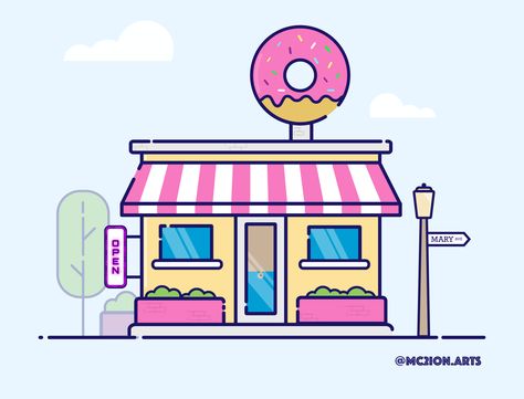 Donut Shop by Marión Carámbula Logo Donat, Candle Cartoon, Donuts Shop, Donut Store, Candy Logo, Food Art Painting, Store Pictures, Food Illustration Art, Flower Art Drawing