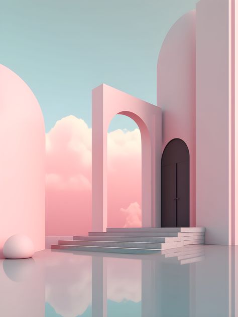 Pink Architecture Aesthetic, Silk Road Aesthetic, Pink Futuristic Aesthetic, Liminal Architecture, Geometrical Architecture, Surreal Background, Surreal Architecture, Magical Background, Future Interior Design