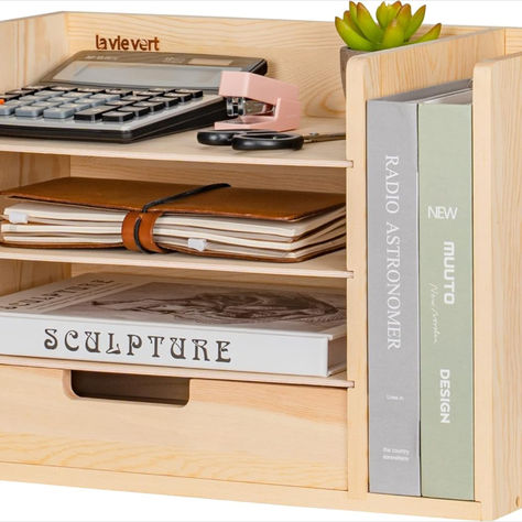 🗂️ Lavievert file holder saves space and organizes your desk with 4 compartments and a drawer. Adjustable shelves, sturdy pinewood & MDF, easy assembly. Keeps your workspace tidy and stylish. Shelves For Home Office, Desk Organisers, Mail Sorter, Office Organisation, Office Supplies Desk Accessories, Desk Organiser, Wooden Desk Organizer, Storage Cabinet With Drawers, File Holder