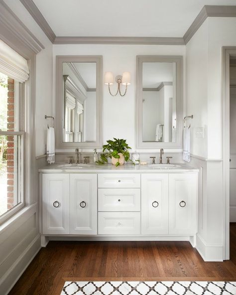 This tranquil Tudor cottage was renovated on HGTV's Fixer Upper by Chip and Joanna and is known as the Scrivano House. #fixerupper #scrivano #cottagestyle #interiordesign #greytrim #serenedecor #bathroomvanity Joanna Gaines Bathroom Decor, Bathroom Joanna Gaines, Joanna Gaines Bathroom, Fixer Upper Bathroom, Hgtv Fixer Upper, Wall Faucet, Shower Floor Tile, Tudor Style Homes, Ideas Hogar