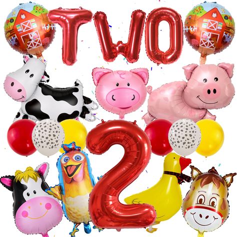 PRICES MAY VARY. Product Details: Turn your child's 2nd birthday into a memorable farm-themed celebration with our Farm Animal 2nd Birthday Balloon Set. This complete set includes 2 round 18-inch balloons, 3 animal-shaped foil balloons, 4 different-shaped foil balloons, 3 16-inch letter foil balloons, 6 12-inch latex balloons, and one large 32-inch number foil balloon. High Quality: We prioritize quality in all our products, and farm birthday party supplies set is no exception. Crafted from high Unique Two Year Old Birthday Themes, Two Year Old Farm Animal Birthday Party, Old Mcdonald 2nd Birthday Party, Second Birthday Farm Theme, Farm Baby Birthday, Old Mcdonald Birthday Party, Farm Animal Balloons, Farm Birthday Party Decorations, Two Year Old Birthday Party