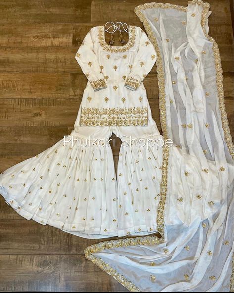 White Punjabi Suit, Salwar Ideas, Black Sharara, Cultural Outfits, Punjabi Wedding Suit, White Sharara, Bengali Culture, Punjabi Suits Designer Boutique, Trendy Outfits Indian