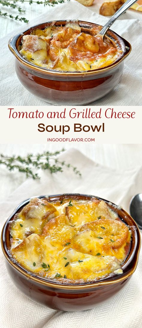 Tomato and Grilled Cheese Soup Bowl Grilled Cheese Tomato Soup Casserole, Soups That Go With Grilled Cheese, Grilled Cheese And Soup Ideas, Grilled Cheese Soup, Veggie Grilled Cheese, Grilled Cheese Tomato Soup, Soup Swap, Soup Shots, Main Dish For Potluck