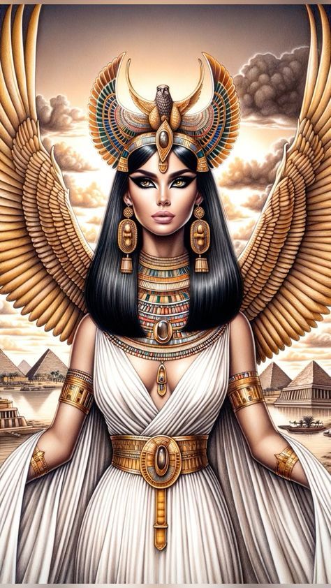 Discover the allure of the ancient Egyptian goddess, Isis! 🌟 This artistic rendition captures her divine beauty, ethereal wings, and iconic adornments. Dive deep into Egypt's rich history, and let the magic of Isis inspire your day. Perfect for history enthusiasts, fantasy lovers, and those captivated by Egyptian mythology. #EgyptianGoddess #IsisArt #AncientEgypt #DivineFeminine #FantasyArt #EgyptianMythology #TreasuresOfEgypt Egyptian Dress Goddesses, Egyptian Goddess Costume, Ancient Egyptian Women, Egyptian Artwork, Goddess Of Egypt, Egyptian Goddess Art, Goddess Magic, Starověký Egypt, Ancient Egyptian Goddess