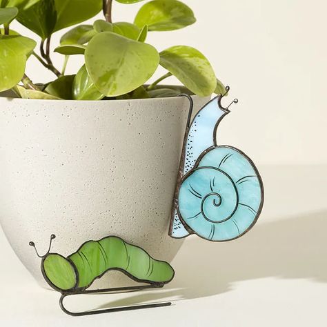 Brighten your indoor garden with Stained Glass Pot Crawlers. These handcrafted, whimsical companions add color and charm to your potted plants Plant Companions, Glass Pot, Artisanal Design, Stained Glass Diy, Stained Glass Crafts, Stained Glass Designs, Stained Glass Projects, Fused Glass Art, Glass Ideas