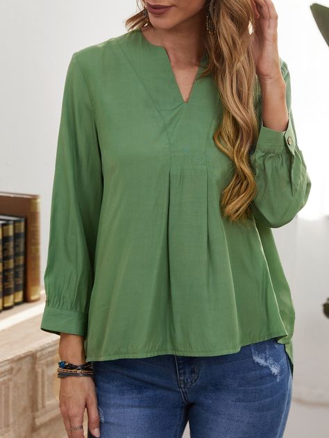 Green Casual  Three Quarter Length Sleeve Rayon Plain Tunic  Non-Stretch Spring/Fall Women Tops, Blouses & Tee Ladies Casual Wear, Plain Tunic, Rayon Top, Casual Wear Women, Plain Blouse, Embroidery Blouse, Fashion Studio, Women Tops, Three Quarter