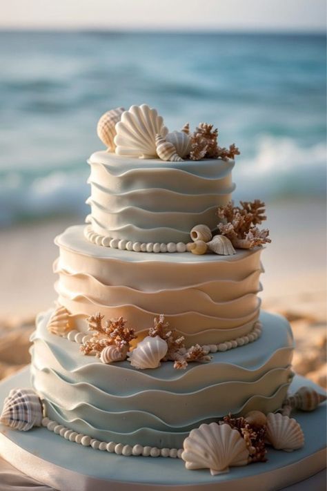 Nautical Beach Wedding, Sea Themed Wedding Cake, Coastal Cake Ideas, Beachy Wedding Cake, Boho Beach Cake, Wedding Cake Ocean, Sea Wedding Decorations, Beach Themed Birthday Cakes, Sea Cake Ideas