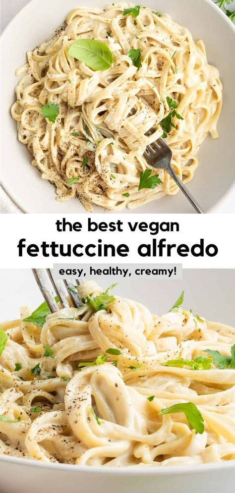 The BEST vegan fettuccine alfredo recipe! This cashew alfredo sauce is rich, creamy, dairy-free, and oil-free. It's made with healthy ingredients like nutritional yeast, cashews, lemon juice, and almond milk. The quick and easy recipe is made in 30 minutes with one pot and a blender. It's a delicious plant-based comfort food & healthy pasta dinner for weeknights! #fettuccinealfredo #alfredo #alfredosauce #cashewcream #veganpasta #cashewcheese #veganalfredo Traditional Alfredo Sauce, Salsa Alfredo Receta, Vegan Fettuccine, Alfredo Fettuccine, Vegan Fettuccine Alfredo, Alfredo Sauce Recipe Easy, Vegan Alfredo Sauce, Vegan Alfredo, Fettuccine Alfredo Recipes