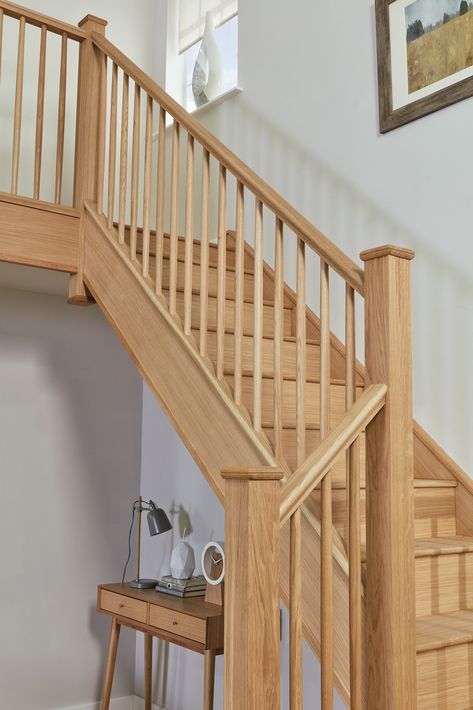 The entire renovation is handcrafted in the highest quality natural oak with fine, slim spindles to give a subtle and elegant first impression. Wooden Staircase Design, Staircase Manufacturers, Oak Handrail, Bespoke Staircases, Stair Spindles, Open Trap, Timber Staircase, Handrail Design, Traditional Staircase