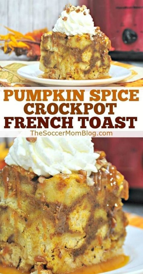 The Soccer Mom Blog shows you how to make Pumpkin Spice Crockpot French Toast! The perfect EASY Fall breakfast that the whole family will love! This slow cooker French Toast Casserole is bursting with all of your favorite flavors of the season! Try making this on Thanksgiving morning as a special treat or enjoy it anytime! Crockpot French Toast Casserole, Easy Fall Breakfast, Pumpkin Spice French Toast, Crockpot French Toast, Pumpkin French Toast, Easy Gluten Free Desserts, Fall Appetizers, Homemade Snickers, Toast Casserole