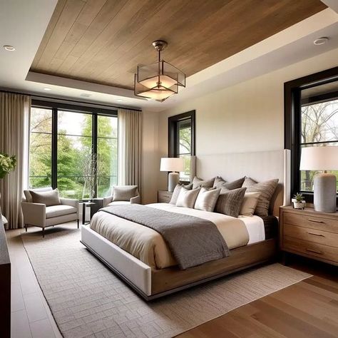 Transional Bedroom, Calming Master Suite, Master Bedrooms Big, Tray Ceiling Bedroom Master Suite, Contemporary Primary Bedroom, Bedroom Deck Ideas, Bedroom Wood Ceiling, Bed Between Two Windows, Large Bedroom Ideas