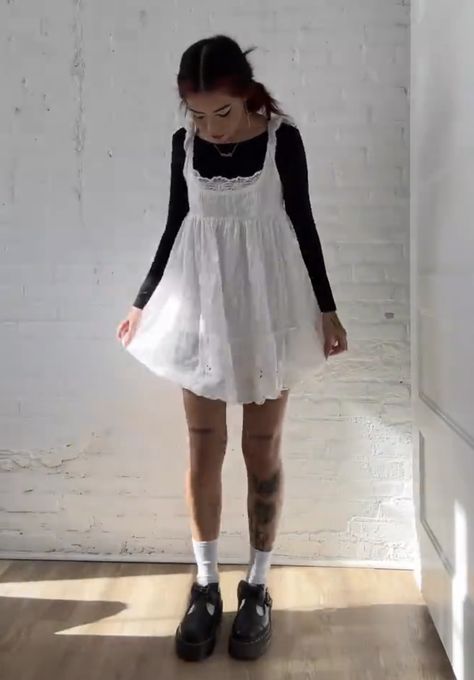 Tee Shirt Under Dress Outfit, White Top Under Dress, Lazy Skirt Outfits, Layered White Dress Outfit, Chemise Dress Outfits, Mini Dress With Shirt Underneath, Sundress And Doc Martens, Sleeveless Shirt Dress Outfit, Mesh Dress Outfit Street Style