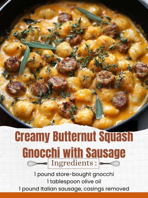 Pumpkin Sausage Gnocchi, Creamy Butternut Squash Gnocchi, Butternut Gnocchi, Gnocchi With Sausage, Butternut Squash Gnocchi, Squash Gnocchi, Pumpkin Sausage, Sausage Ingredients, Pumpkin Gnocchi