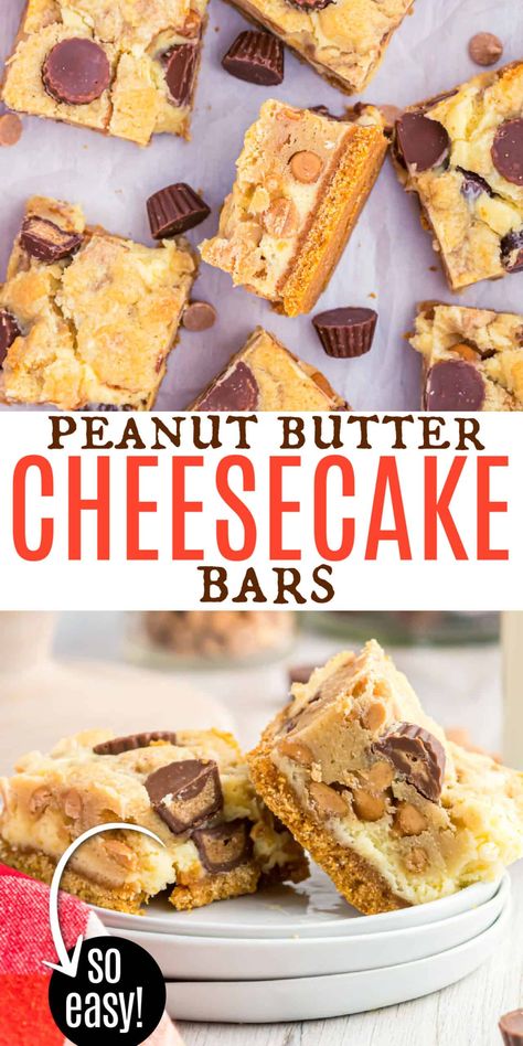 These Peanut Butter Cheesecake Bars are like three desserts in one! A creamy cheesecake filling is layered with cookie dough and Reese's cups on a homemade graham cracker crust. The ultimate cheesecake bar for chocolate and peanut butter lovers Cheesecake Cookie Dough, Cheesecake Cookie Bars, Peanut Butter Recipes Easy, Peanut Butter Cheesecake Bars, Gooey Desserts, Ultimate Cheesecake, Homemade Graham Cracker, Cheesecake Bar, Cheesecake Cookie