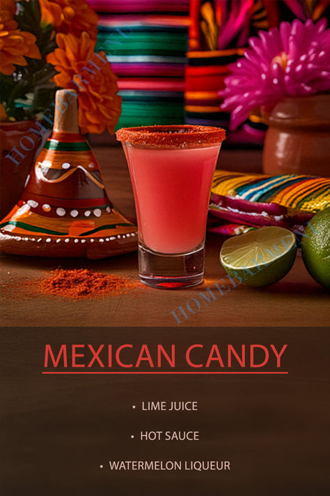 The Mexican Candy shot is a spicy-sweet sensation that’s perfect for those who love bold  flavors. This vibrant shooter combines the juicy sweetness of watermelon liqueur with a hint of lime and the fiery kick of hot sauce or chili powder. Inspired by the flavors of popular Mexican candies, this shot is a party favorite, guaranteed to liven up any gathering. Whether you’re celebrating Cinco de Mayo, hosting a fiesta, the Mexican Candy shot delivers a playful and tantalizing experience. Mexican Candy Jello Shot Recipes, Mexican Candies, Candy Shots, Spicy Candy, Mexican Candy, Shot Recipes, Jello Shots, Bar Menu, Party Drinks