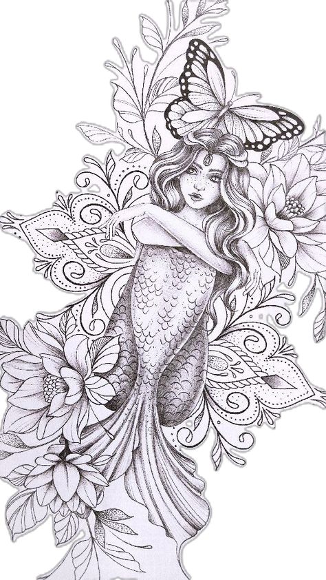 Mermaid, butterflies and mendhi-inspired patterns tattoo design created for Melissa @dr.mel.b 🤗 COMMISSIONS OPEN✔️ My books are almost… | Instagram Mermaid Sleeve Tattoos, Patterns Tattoo, Shoulder Sleeve Tattoos, Mermaid Tattoo Designs, Abstract Canvas Art Acrylics, Ocean Tattoos, Eagle Tattoos, Leg Tattoos Women, Mermaid Tattoo