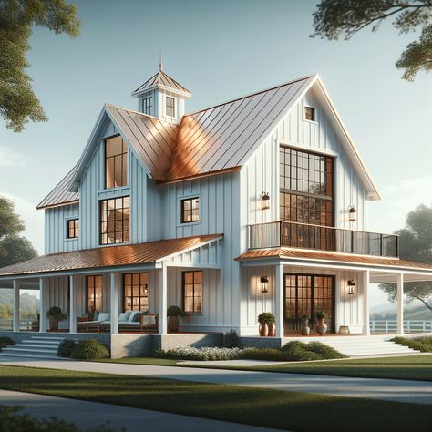 Barndominium Ideas Windows, Copper Roof Barndominium, Cottage Style Barndominium, Elegant Barndominium, White Barndominium Exterior, White Barndominium, Interior Design Modern Bathroom, Copper Roof House, Rv Porch