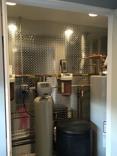 Mechanical room Basement Boiler Room Ideas, Hidden Furnace And Water Heater, Basement Mechanical Room Ideas, Mechanical Room Ideas Basements, Laundry Mechanical Room, Furnace Room Makeover, Mechanical Room Ideas, Furnace Room Ideas, Furnace Room