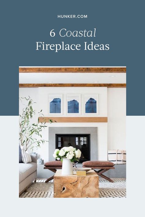 Fireplace Makeover Coastal, Coastal Fireplace Ideas Beach, Lake House Fireplace Ideas, Coastal Brick Fireplace, Coastal Modern Fireplace, Modern Coastal Fireplace Ideas, Beachy Fireplace Ideas, Coastal Fireplace Makeover, Coastal Mantel Decorating Ideas