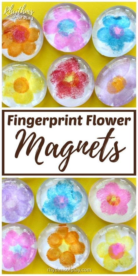 Fingerprint Flower Magnet Craft - Fingerprint flower magnets are a homemade keepsake gift idea and fingerprint art flower craft that kids can make for Mother's Day, Grandparents Day, and Birthdays. | #KidsCraft #GiftIdea #HomemadeGift #MothersDayGift Homemade Gift Idea, Flower Crafts Kids, Grandparents Day Crafts, Fingerprint Art, Keepsake Crafts, Easy Handmade Gifts, Grandparents Day Gifts, Glass Magnets, Flower Magnets